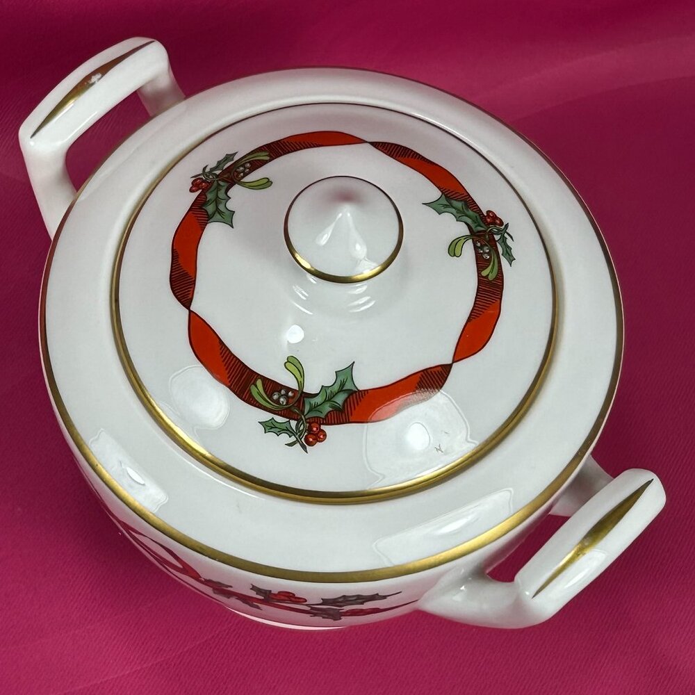 rare Royal Worcester UK Holly Ribbons bone china sugar bowl - Picture 3 of 7